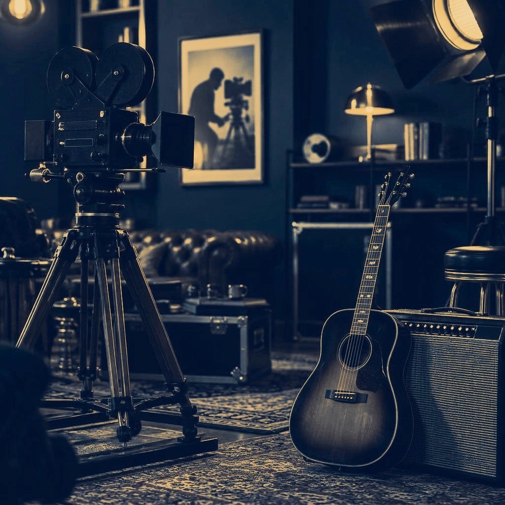 Vintage cinema camera on a tripod beside a guitar and amplifier in a warmly lit studio