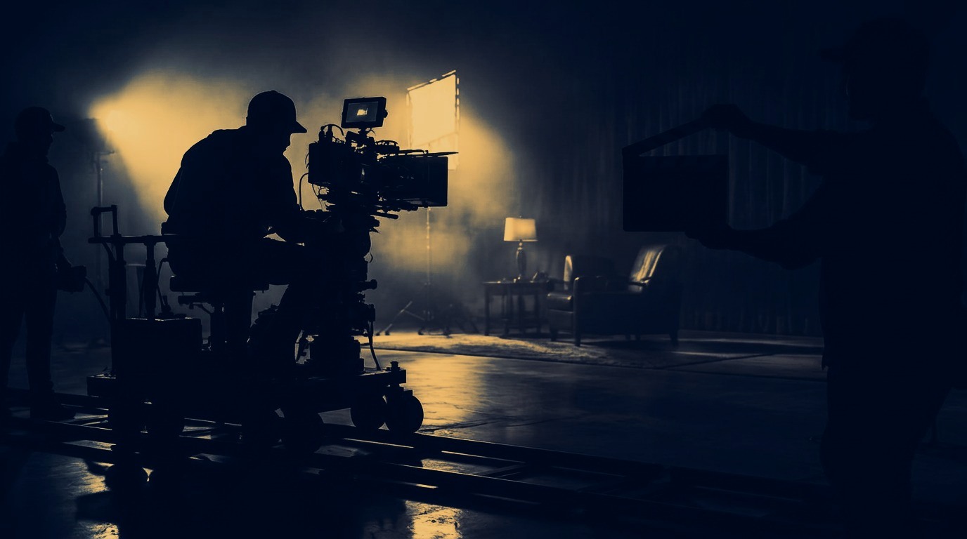 Film crew and camera on a lit studio set