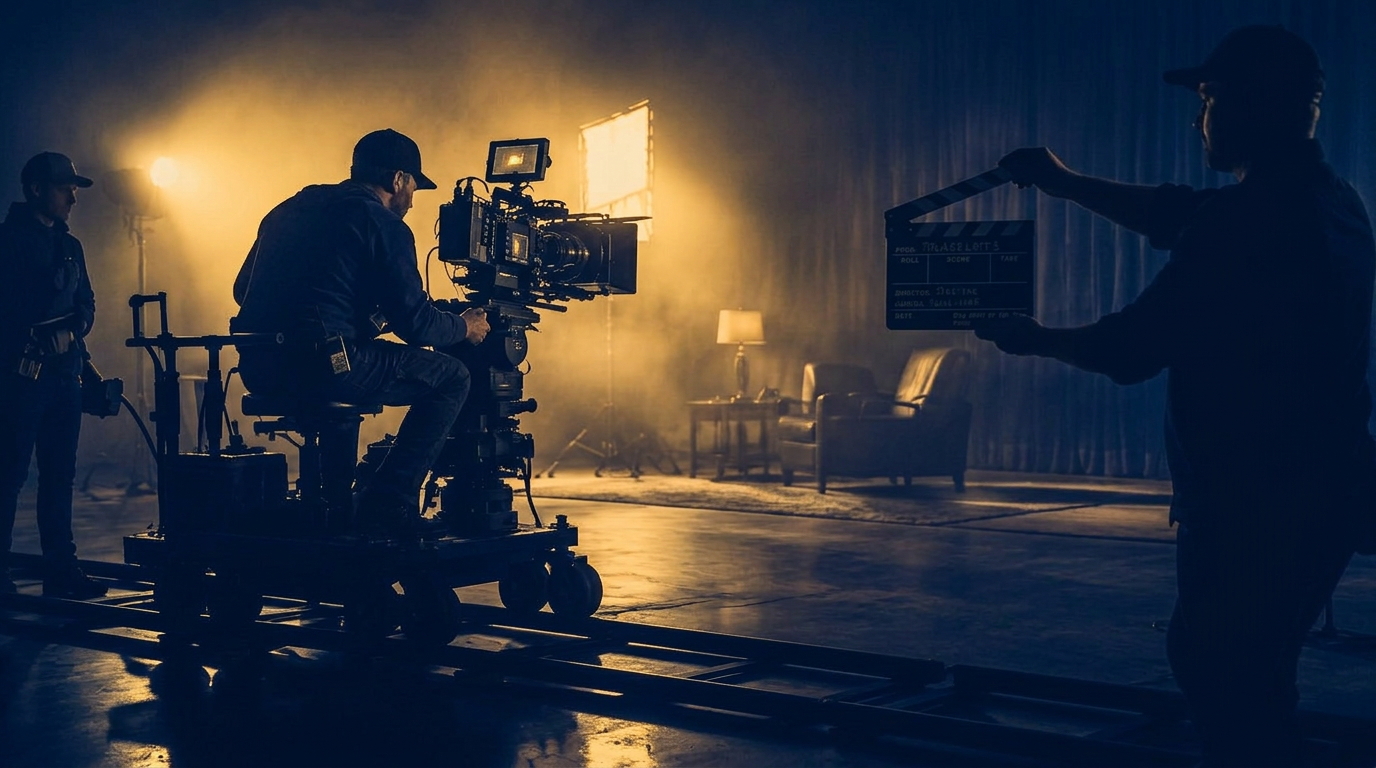 Film crew and camera on a lit studio set