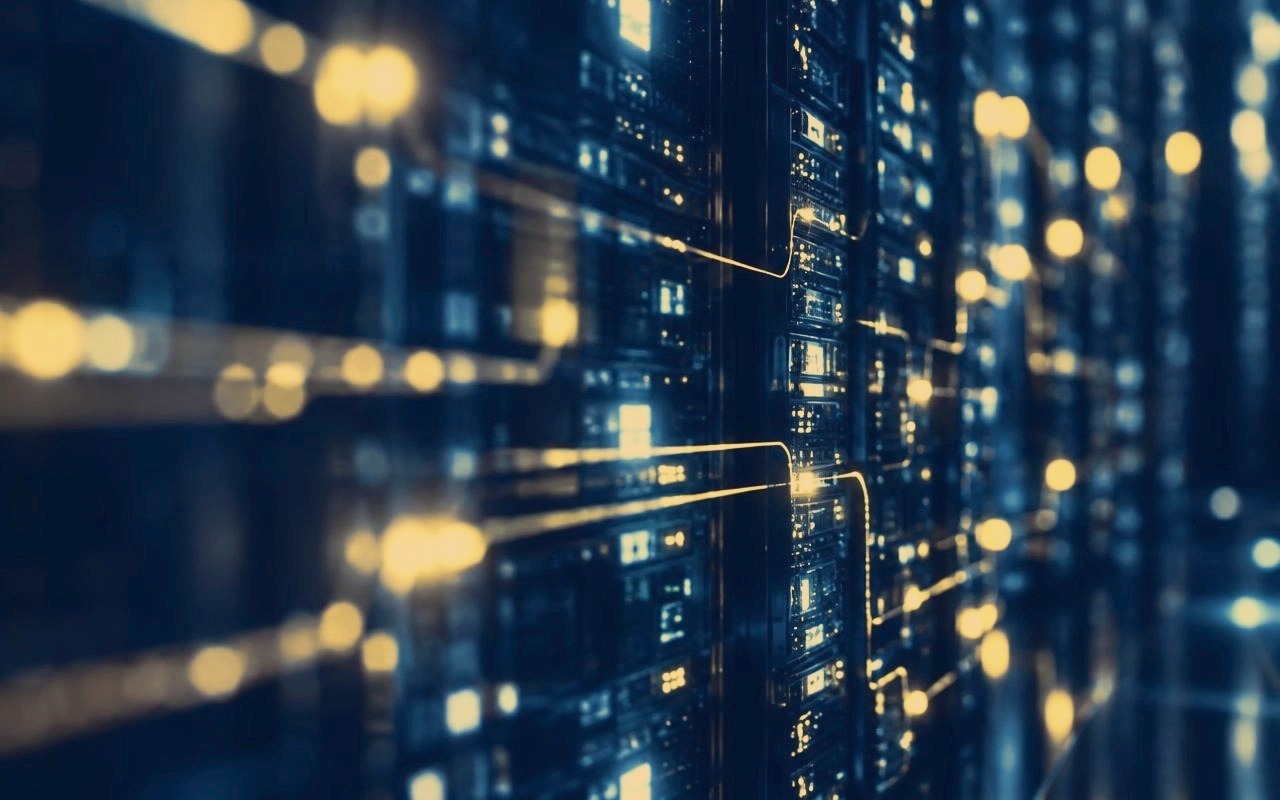 Data centre hardware with glowing connections