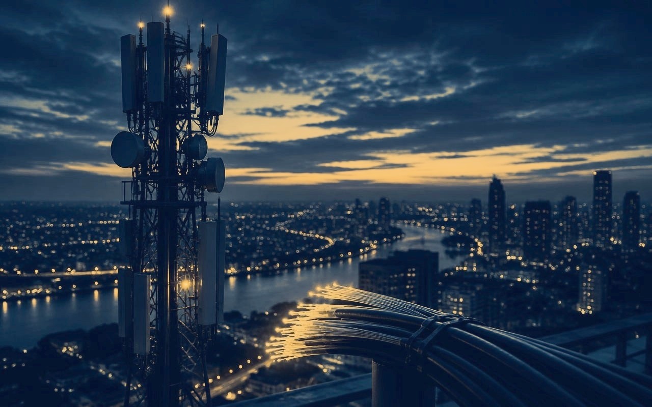 Telecommunications mast and fibre optic cables above a city