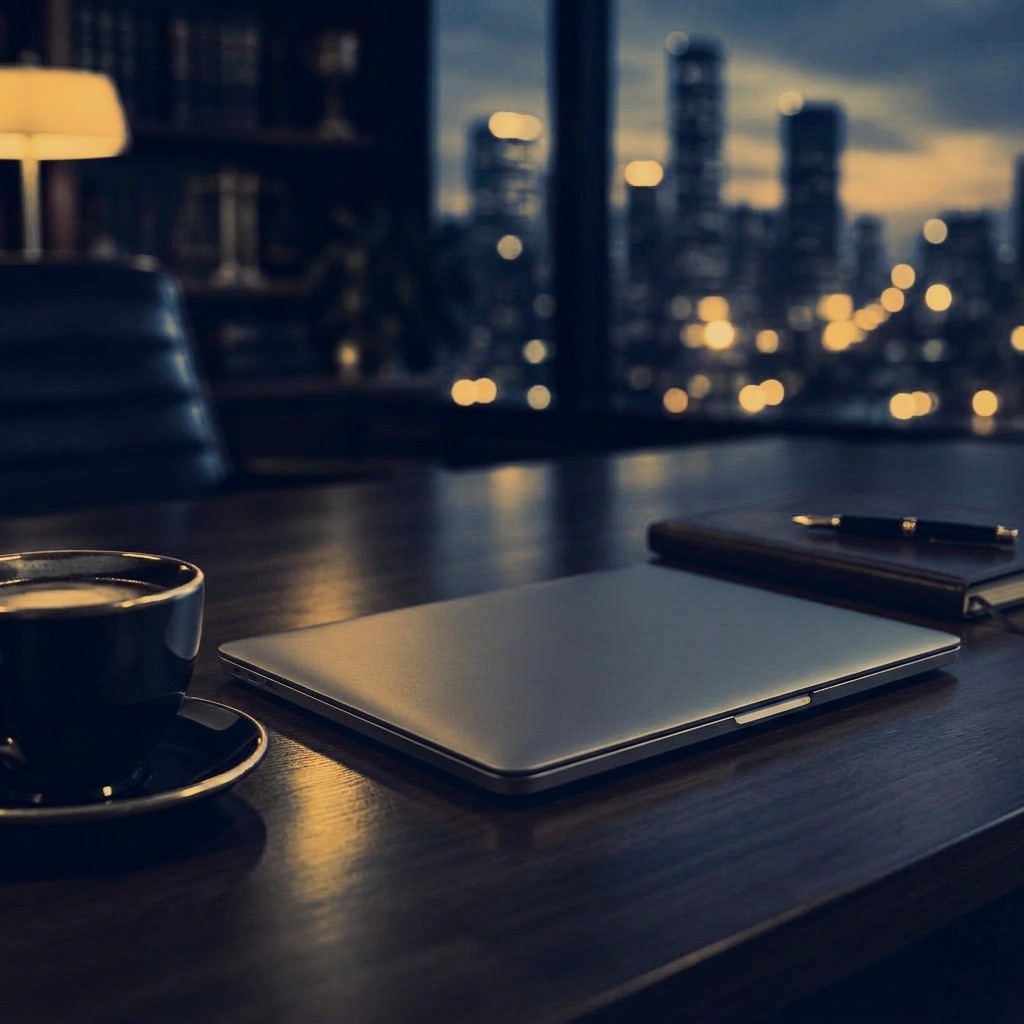 Closed laptop and smartphone on a walnut desk with blurred city lights